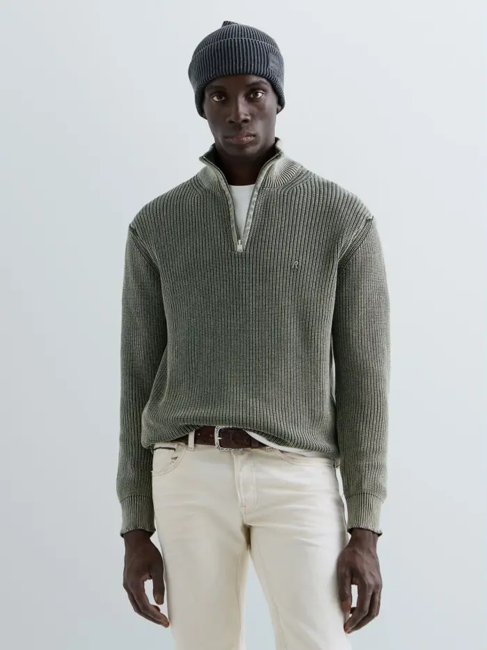 Pullover Effetto Vissuto Con Zip Corta Verde