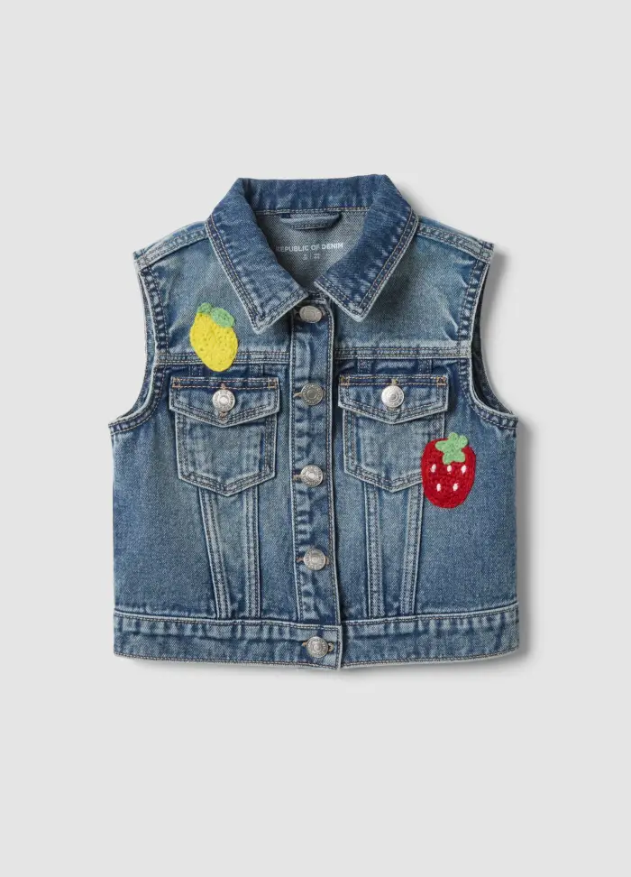 Giacca Senza Maniche Denim Blu In Puro Cotone Da Bambina Con Frutta, Denim