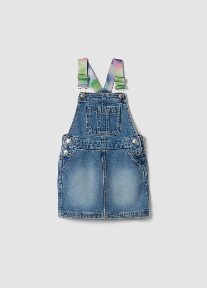Salopette Denim Blu In Puro Cotone Da Bambina Con Bretelle Colorate, Denim