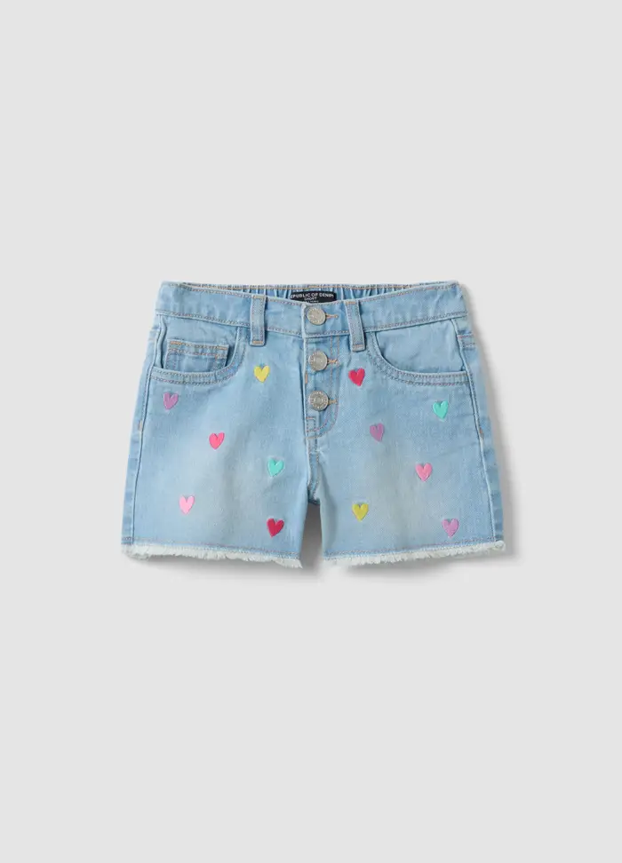REPUBLIC OF DENIM Shorts Azzurri In Puro Cotone Denim Con Cuori Ricamati Per Bambina, Denim