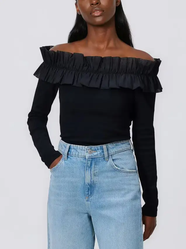 Reserved Maglietta a maniche lunghe con scollo decorativo - nero