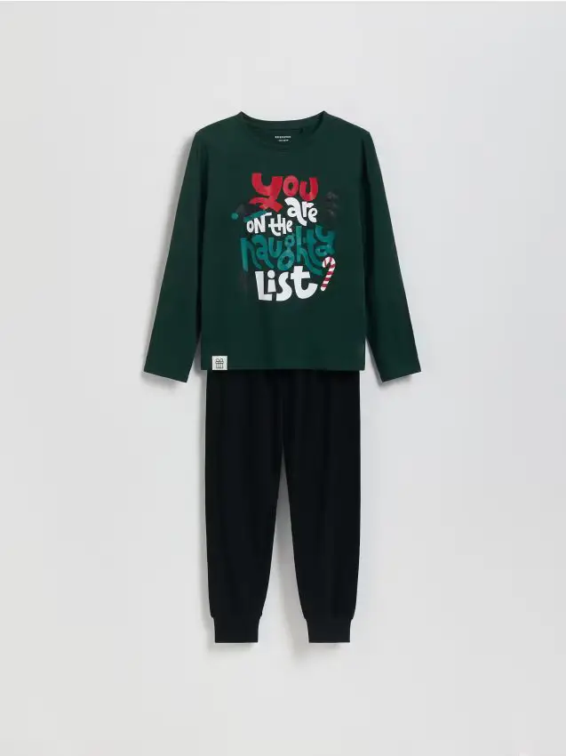 Reserved Set pigiama in cotone con motivo natalizio - verde scuro
