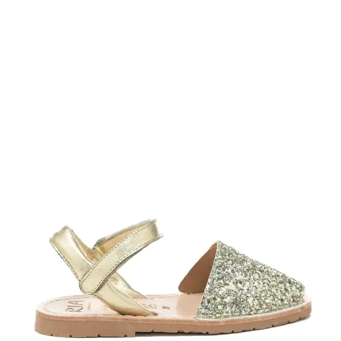 sandali slip on bassi da bambina in vera pelle con glitter champagne