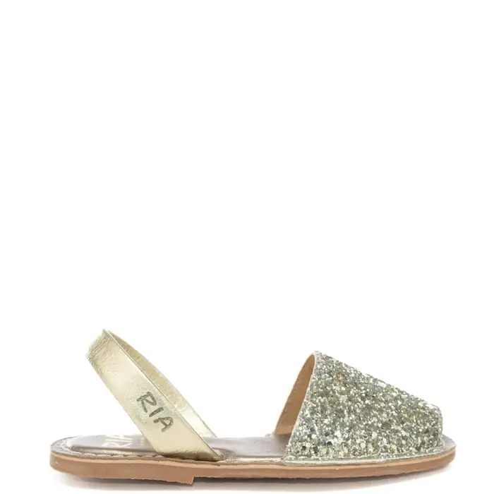 sandali slip on bassi da bambina in vera pelle con glitter champagne