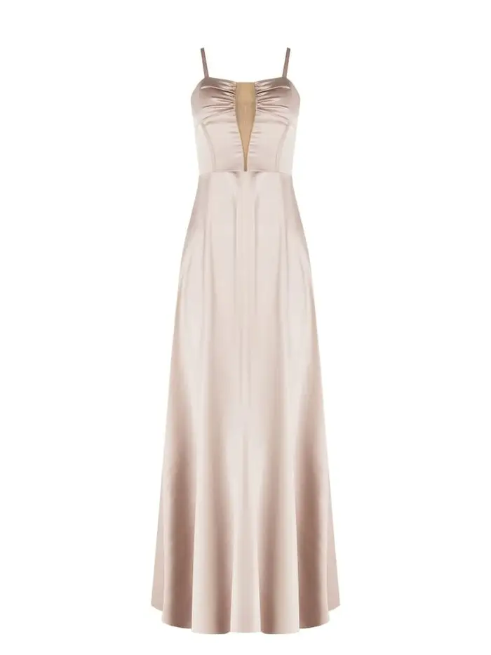 abito lungo donna tortora beige con scollo a cuore