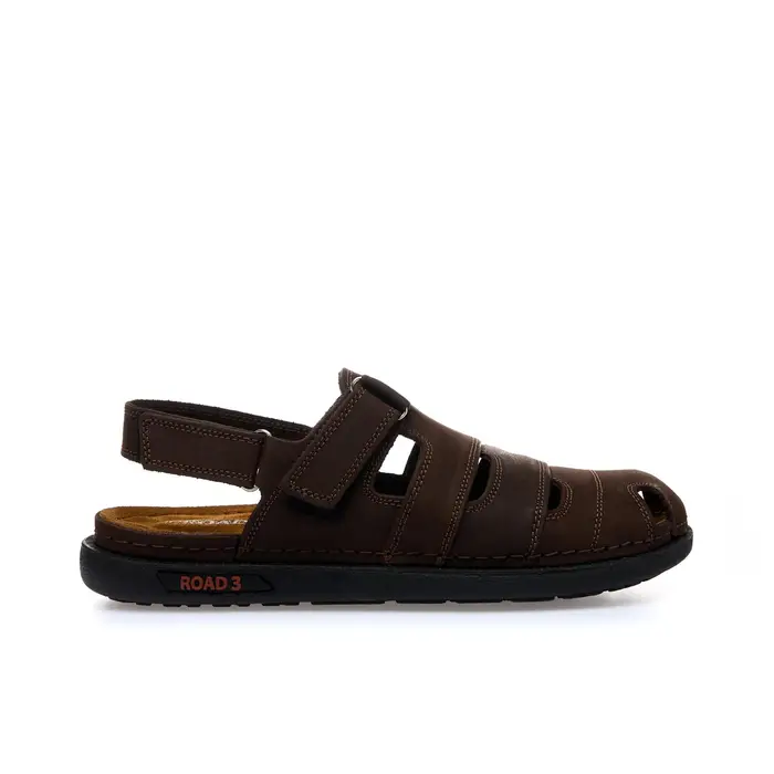 ROAD 3 Sandali marrone scuro in pelle con gabbia e velcro