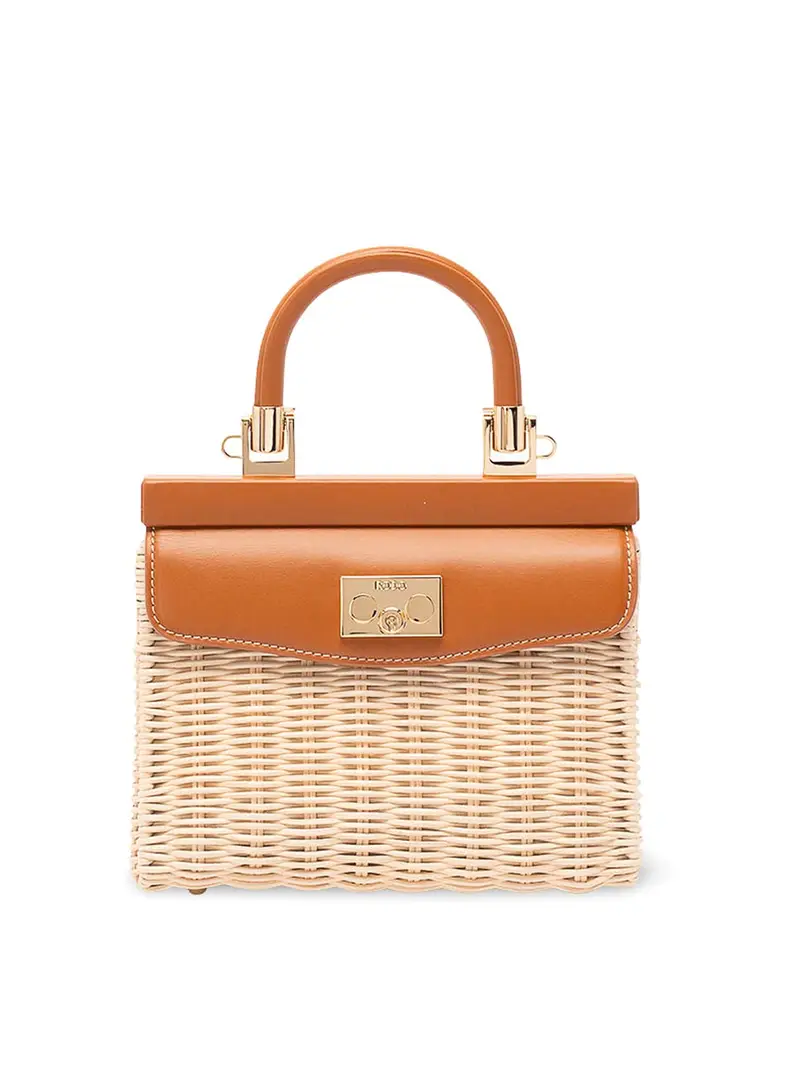 Rodo Borsa a mano piccola in vimini e pelle Marrone