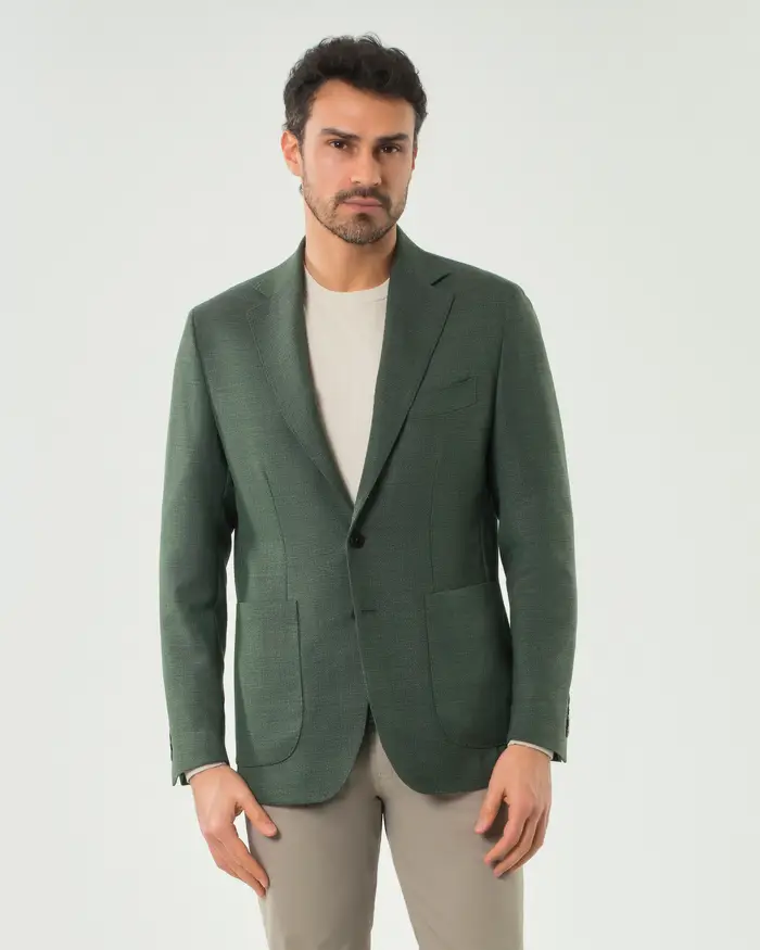 Rodolfo Pellizzari Blazer Pellizzari verde in tela di lana Barberis con tasche a toppa