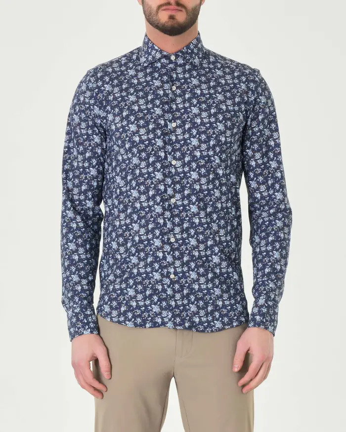 Camicia blu in fantasia floreale azzurra in tessuto tecnico hyper comfort