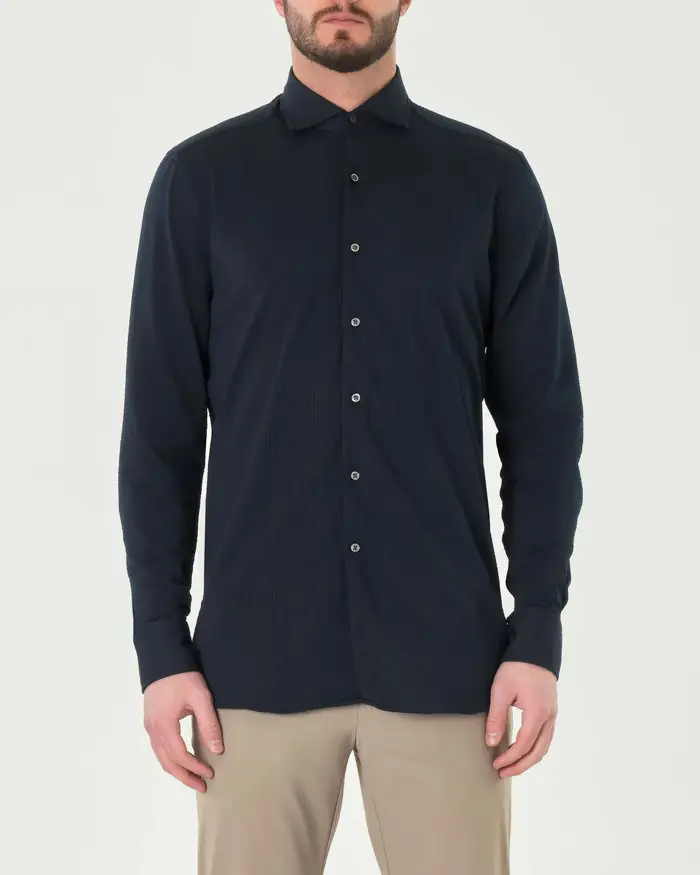 Camicia blu Pellizzari in tessuto tecnico hyper comfort effetto seersucker