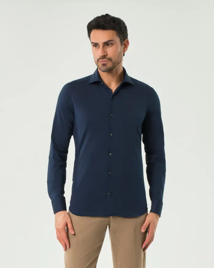 Rodolfo Pellizzari Camicia Pellizzari blu in tessuto tecnico hyper comfort simil pin point con collo alla francese