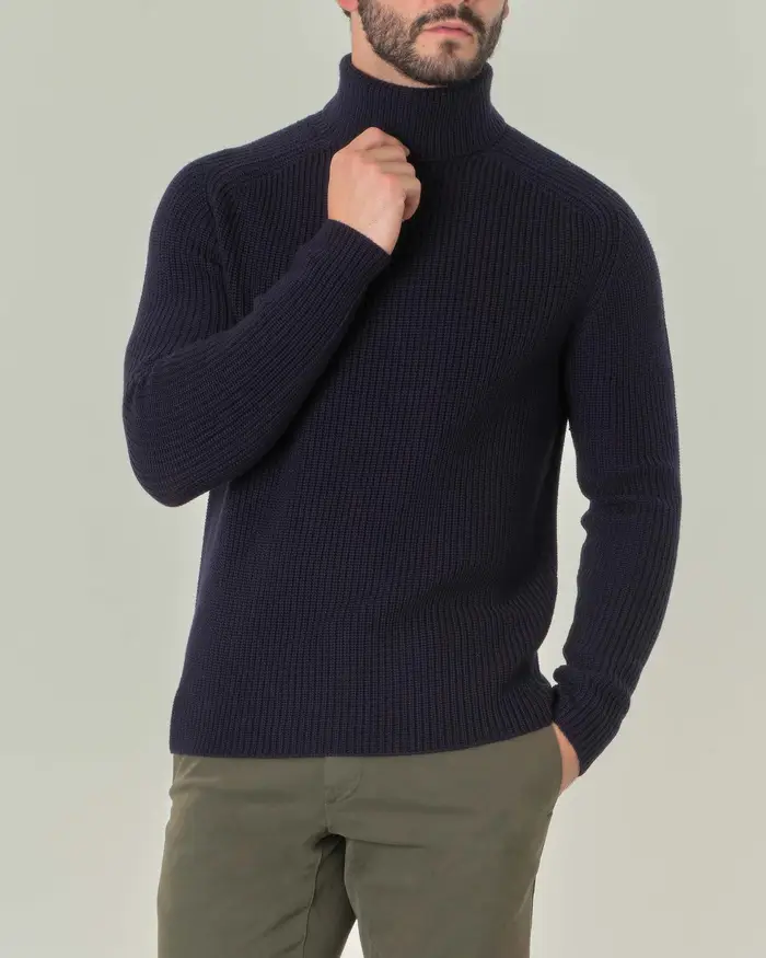 Dolcevita Pellizzari blu in pura lana merinos finezza 7 lavorato a coste