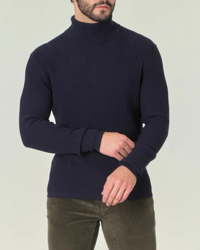 Dolcevita Pellizzari blu in puro cotone lavorato a coste inglesi