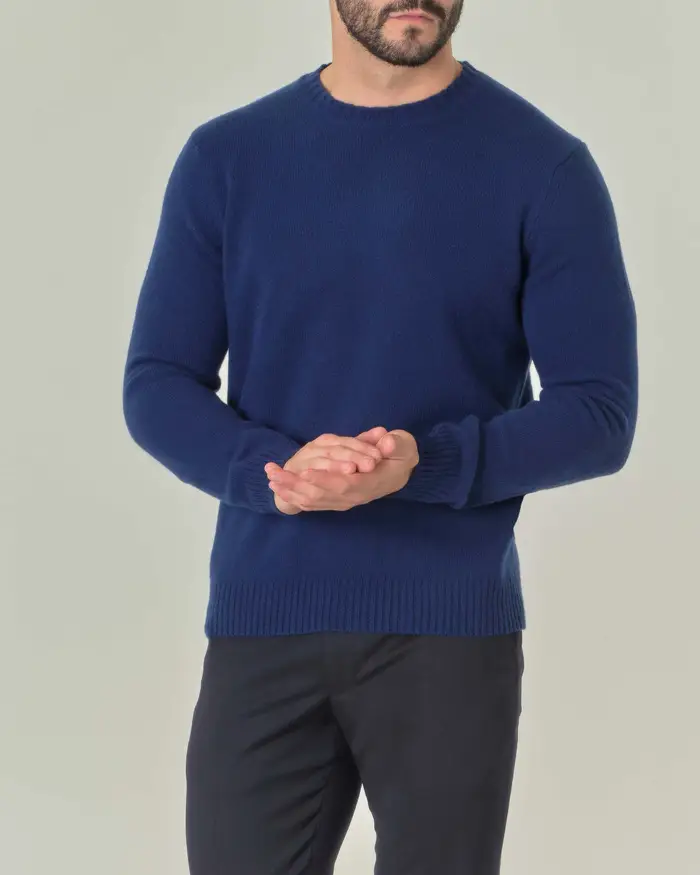 Maglia girocollo color indaco in misto lana e cachemire finezza 7