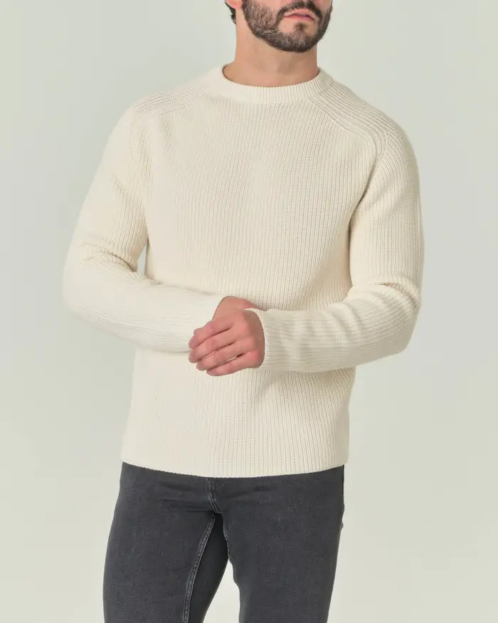 Maglia girocollo Pellizzari bianca in pura lana merinos finezza 7 lavorato a coste inglesi