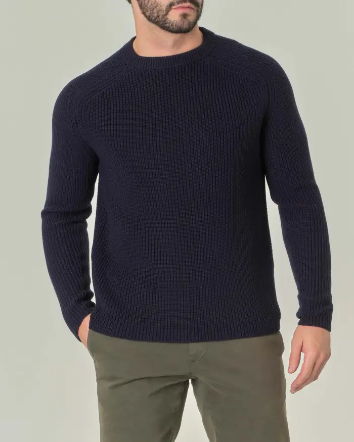Maglia girocollo Pellizzari blu navy in pura lana merinos finezza 7 lavorato a coste inglesi