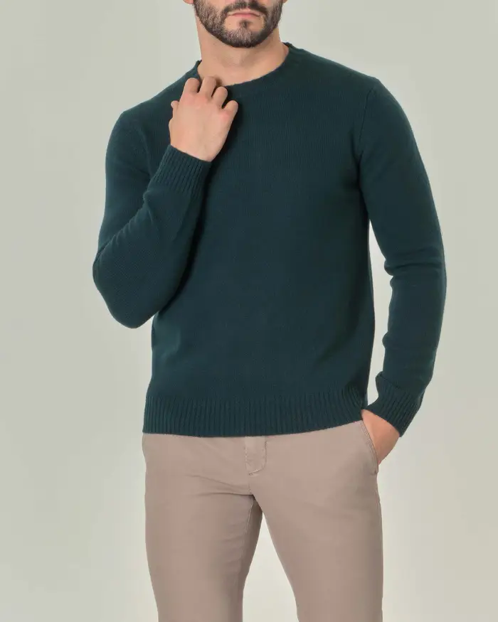 Maglia girocollo verde bottiglia in misto lana e cachemire finezza 7