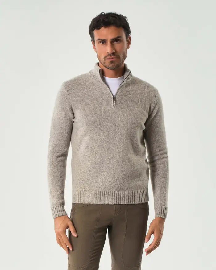 Rodolfo Pellizzari Maglia Pellizzari beige in misto lana e cachemire finezza 7 con apertura a mezza zip
