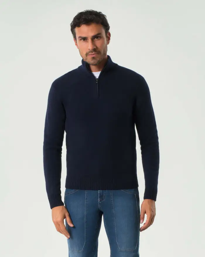Rodolfo Pellizzari Maglia Pellizzari blu in misto lana e cachemire finezza 7 con apertura a mezza zip