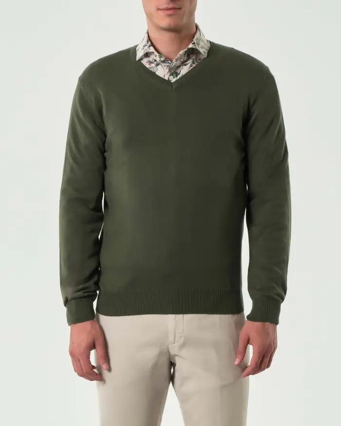 Rodolfo Pellizzari Maglia Pellizzari verde militare scollo a V in puro cotone made in Italy