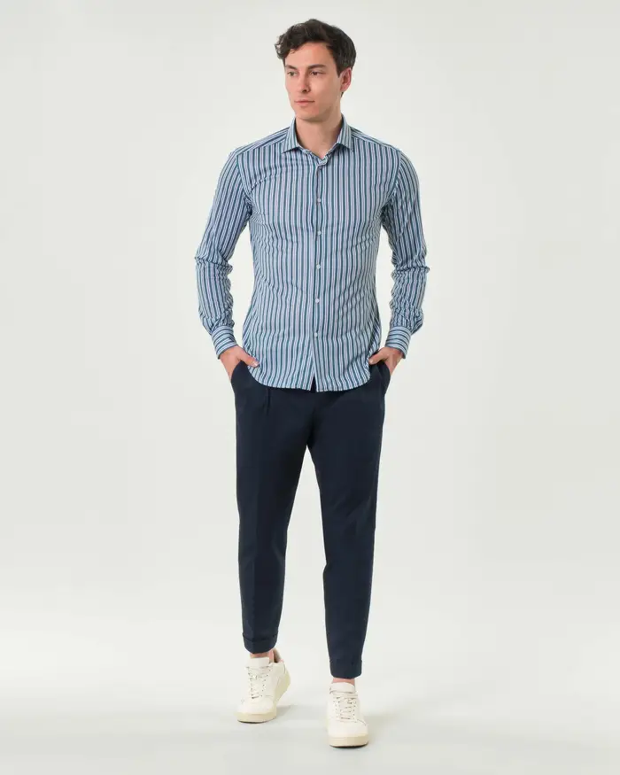 Rodolfo Pellizzari Pantaloni chino blu in gabardina tinto pezza stretch con pinces in vita