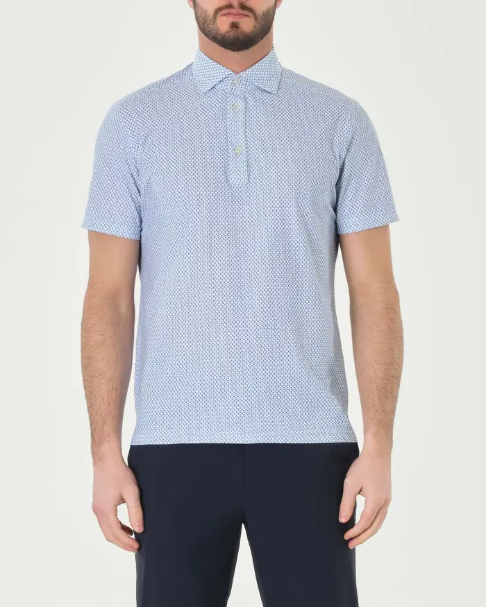 Polo azzurra mezza manica in tessuto tecnico hyper comfort micro fantasia
