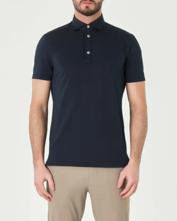 Polo blu mezza manica in tessuto tecnico hyper comfort effetto seersucker