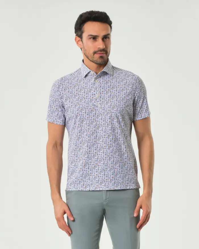 Rodolfo Pellizzari Polo Pellizzari bianca in tessuto tecnico hyper comfort con micro fantasia noce e azzurra