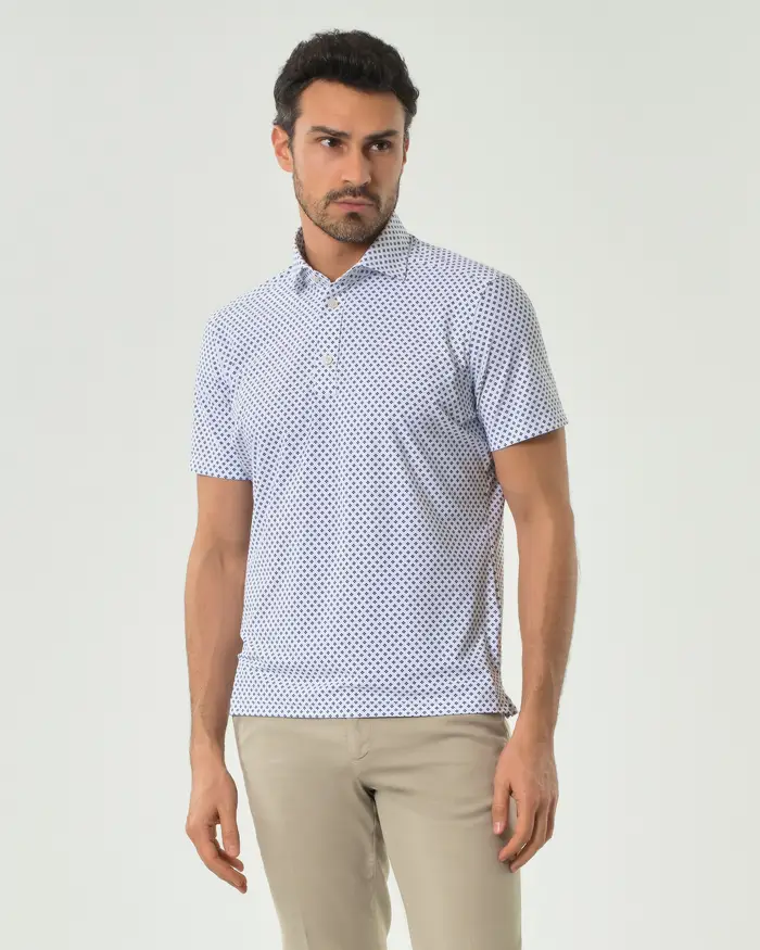 Rodolfo Pellizzari Polo Pellizzari bianca in tessuto tecnico hyper comfort con micro rombetto blu