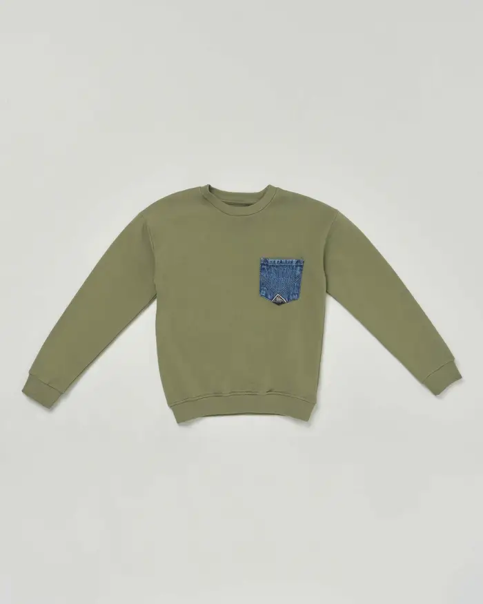 Felpa Roy Roger s verde militare girocollo in puro cotone con taschino jeans