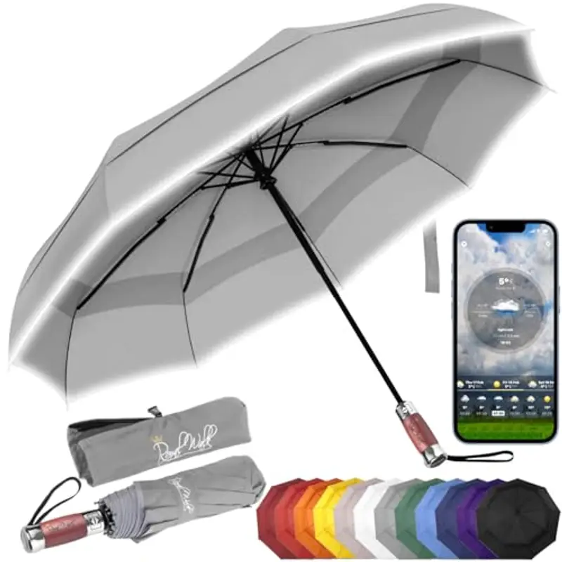 Royal Walk Ombrello da viaggio pieghevole antivento, compatto e resistente, con manico in vero legno, apertura automatica, chiusura