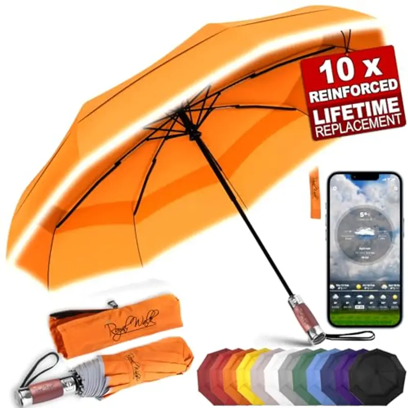 Royal Walk Ombrello Pieghevole Antivento Da Pioggia Compatto E Forte Lussuoso Vero Manico Di Legno Ombrello Portatile Automatico Aperto