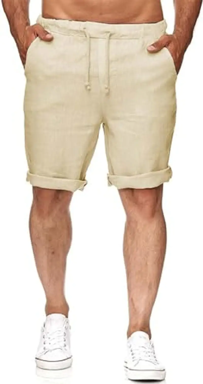 Runcati Pantaloncini corti da uomo in lino, leggeri, estivi, con elastico, per il tempo libero, con 2 tasche, beige.