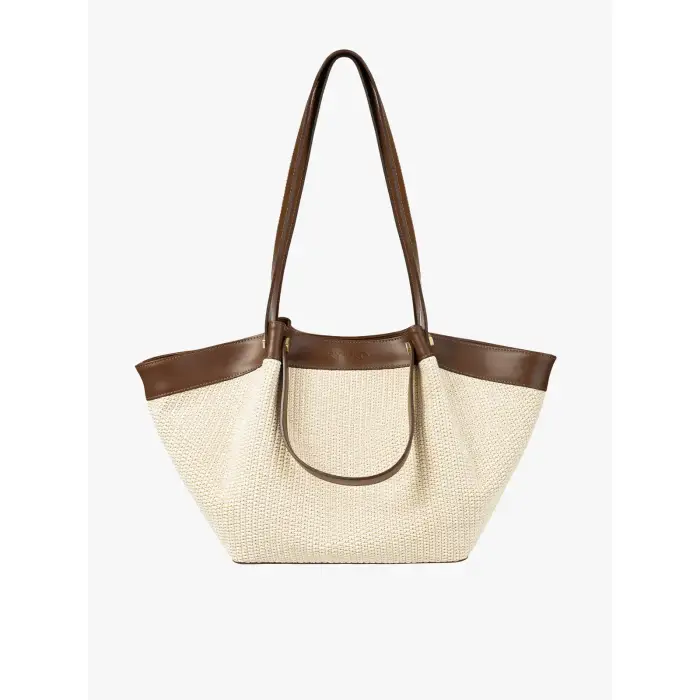 Borsa a mano in pelle e tessuto donna Ryłko Beige