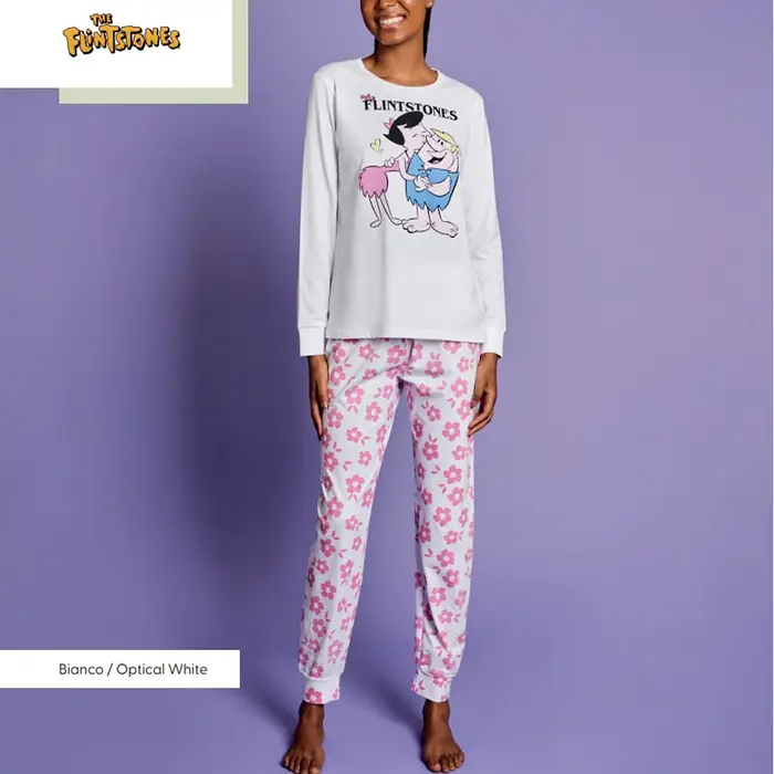 Sabor Pigiama lungo the flintstones 3834 fresco cotone donna bianco