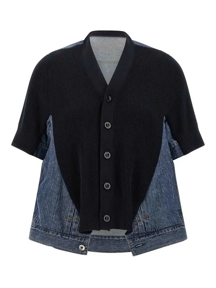 Sacai Cardigan in maglia X denim Blu