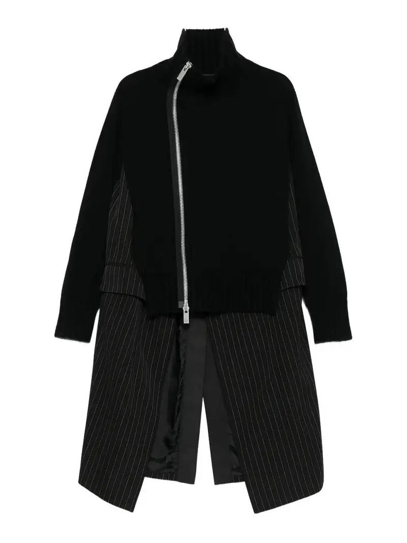Sacai Vestito cappotto in lana a righe X in pelle Nero
