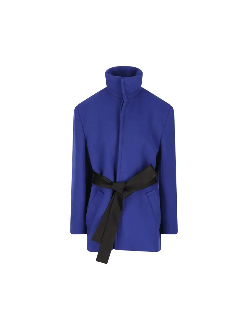 SAINT LAURENT Cappotto Boxy Con Cintura In Lana BLU
