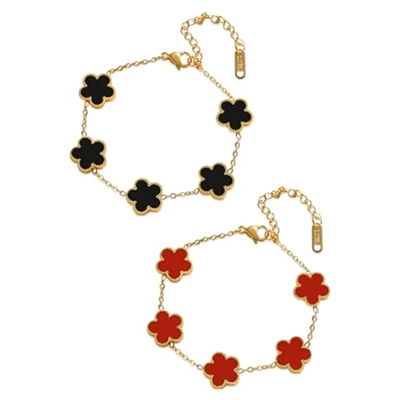 Saituo Home 2 Pezzi Bracciale Quadrifoglio, Bracciale Portafortuna Donna Quadrifoglio Donna Gioielli Placcati in Oro 18 Carati, Regali di