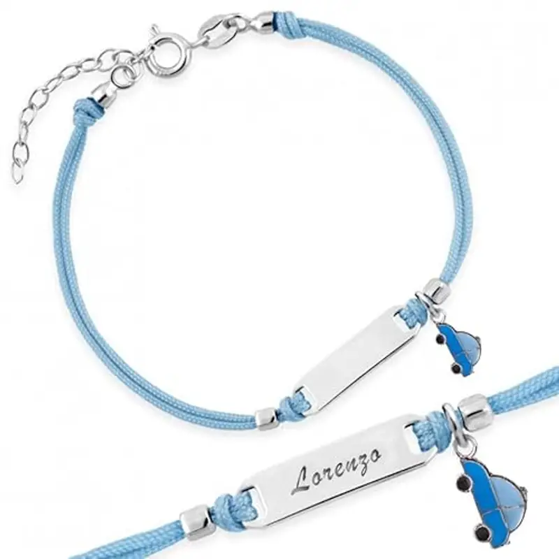 Sakrami Bracciale Argento 925 Bimbo Cordoncino Azzurro Macchinina Kids Collection + Confezione Regalo Personalizzata - Braccialetto per