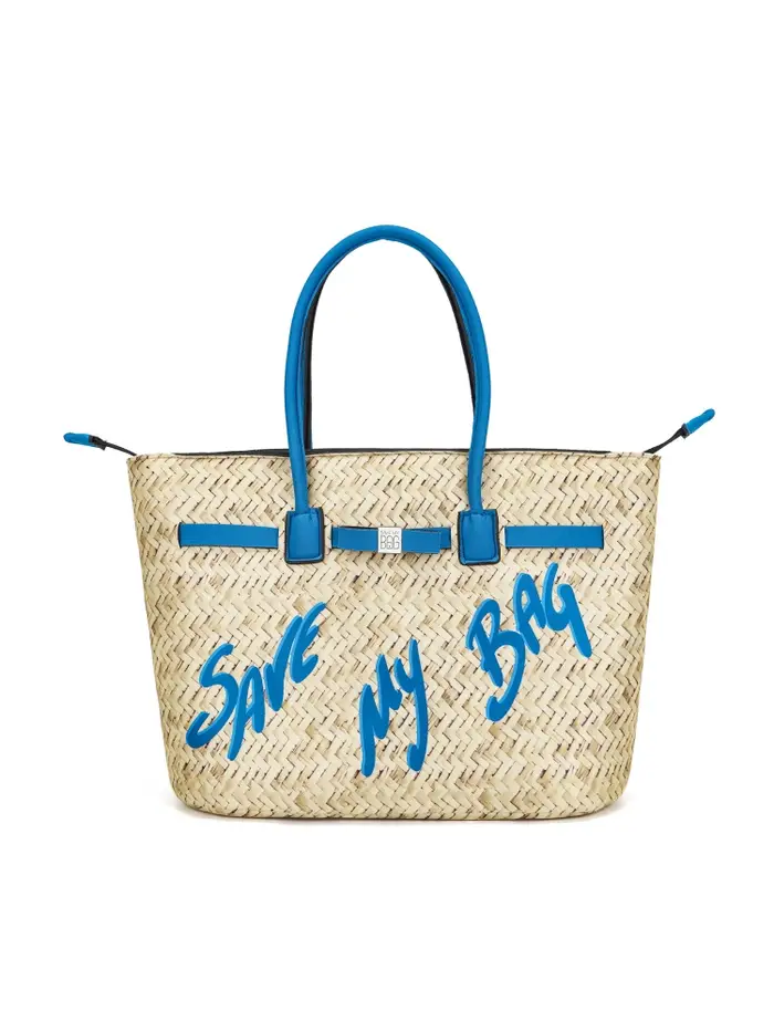 Save My Bag borsa shopping kylie in lycra stampa raffia con logo blu