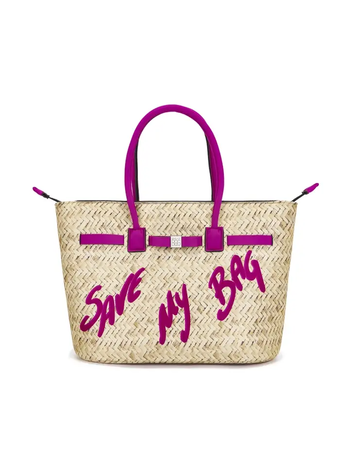 Save My Bag borsa shopping kylie in lycra stampa raffia con logo fucsia