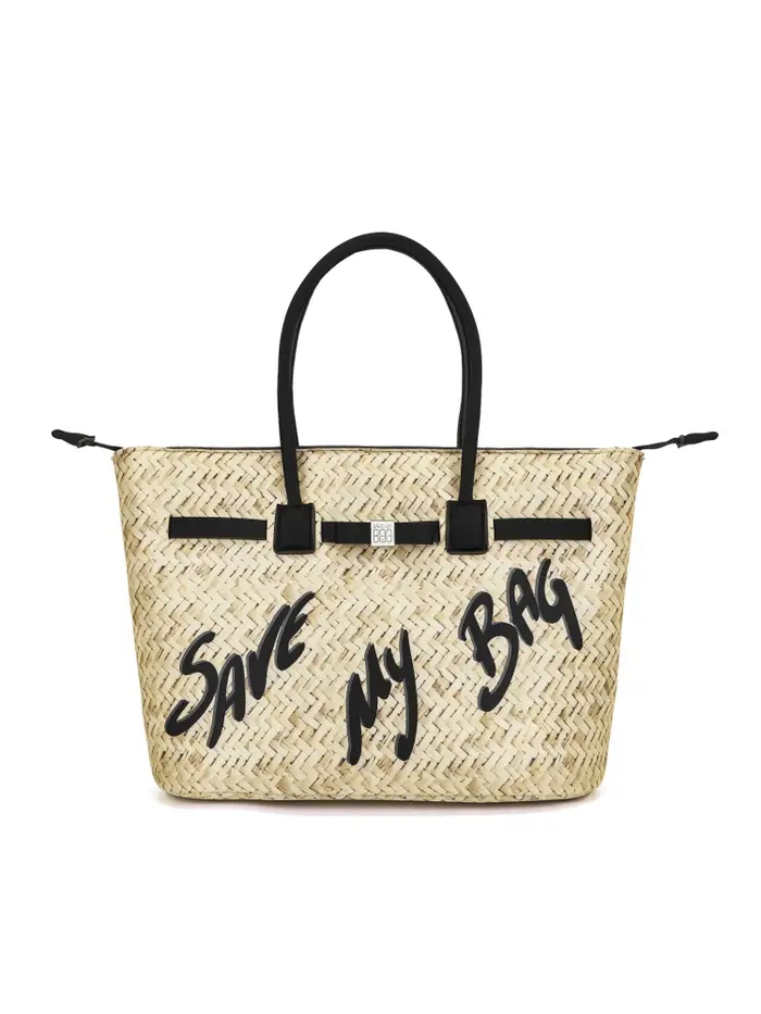 Save My Bag borsa shopping kylie in lycra stampa raffia con logo nero