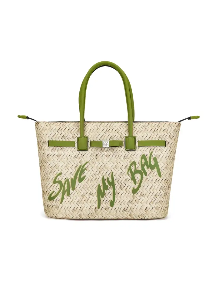 Save My Bag borsa shopping kylie in lycra stampa raffia con logo verde acido