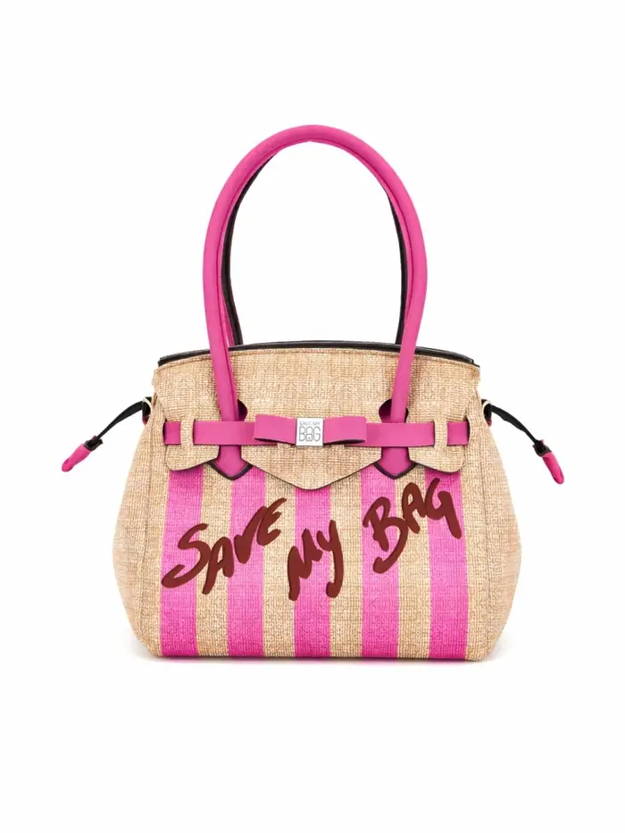 Save My Bag borsa shopping miss big in lycra stampa a righe beige e fucsia