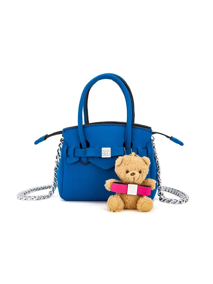 Save My Bag borsa shopping miss small in lycra azzurra con charm orsetto e tracolla