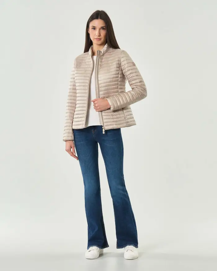 Save the duck Piumino corto sfiancato beige con collo a listino e trapunta orizzontale