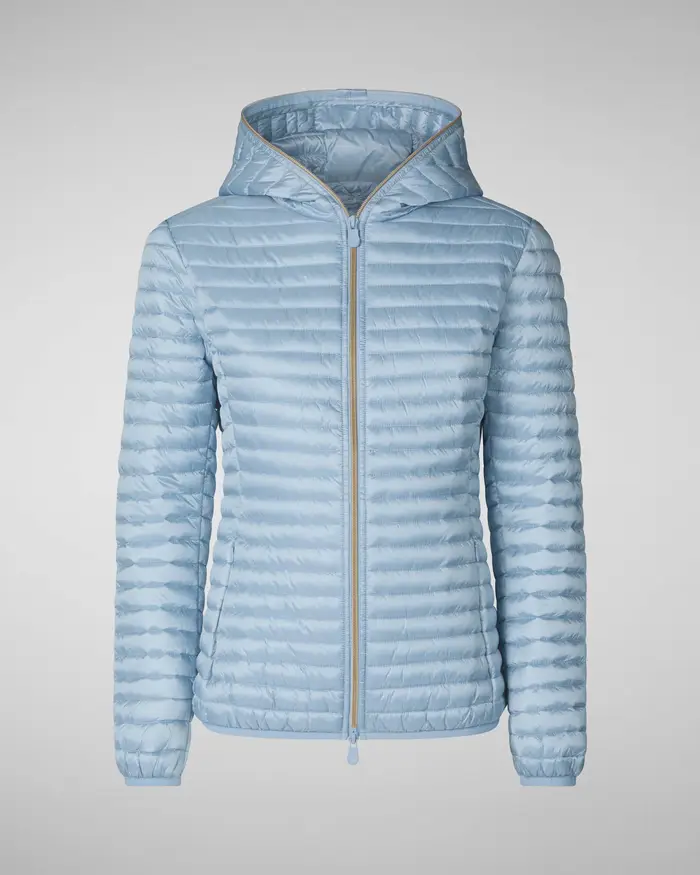 Piumino leggero azzurro Save the duck in tessuto effetto raso con cappuccio fisso