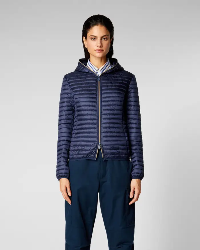 Save the duck Piumino leggero blu-black in tessuto effetto raso con cappuccio fisso