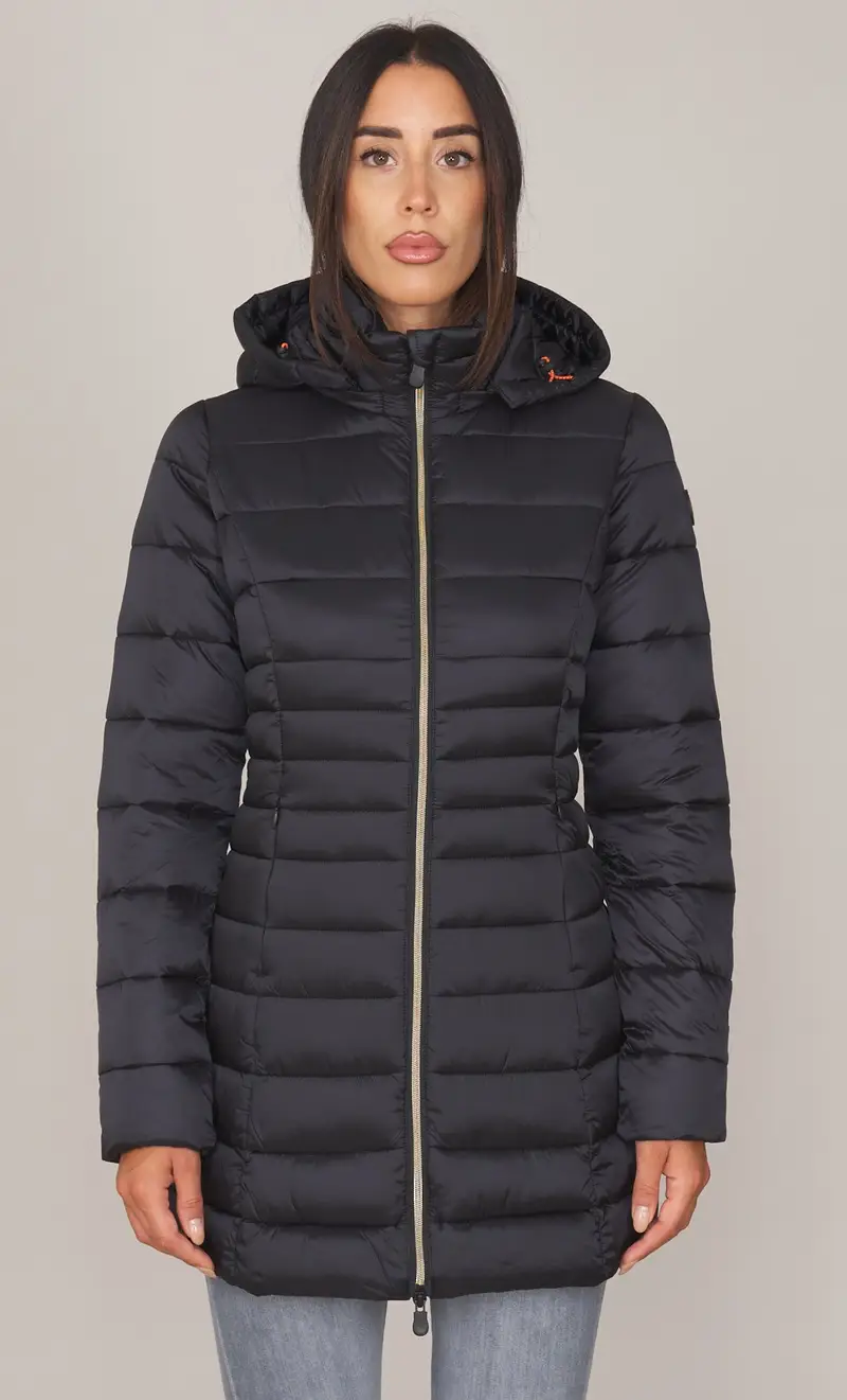 SAVE THE DUCK Piumino lungo trapuntato con cappuccio reese, colore nero